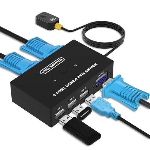 Vga Kvm Switch Avec 2 Kvm Câbles, Commutateur Kvm Usb Et Vga Pour 2 Pc, Pour 1 Moniteur Et 3 Usb Clavier Souris Scanner[PCZ230212]