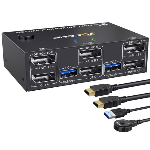 Usb 3.0 Dual Monitor Kvm Switch Displayport 1.4, 4K@144Hz Extended Display Commutateur Kvm 2 Moniteurs 2 Ordinateurs Pour 4 Ports Périphériques Usb 3.0 Clavier Souris[PCZ230206]