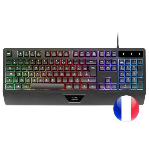 Mars Gaming MK124, Clavier Ergonomique avec Repose-Poignets, FRGB Rainbow, Antighosting Avancé, AZERTY, Noir