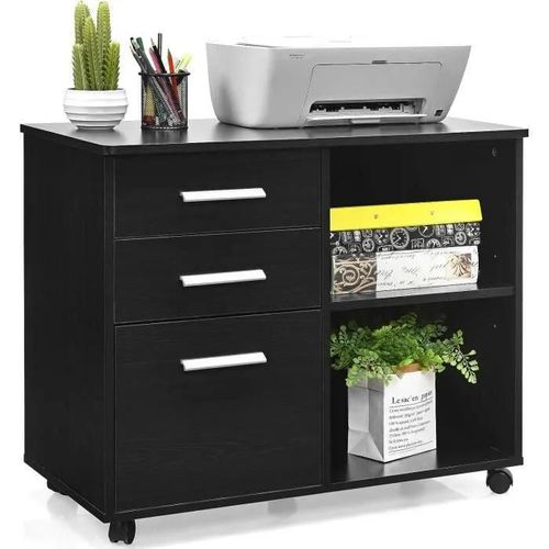 Costway Caisson De Bureau Avec Roues, 3 Tiroirs Et 2 Étagères Ouvertes, Support Imprimante Pour Bureau, 81 X 41 X 66 Cm, Noir
