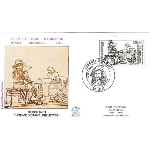 France 1983, Très Belle Enveloppe 1er Jour, Timbre Yvert 2258, Journée Du Timbre, Tableau De Rembrandt "Homme Dictant Une Lettre", Cachet De Lille, État Neuf.