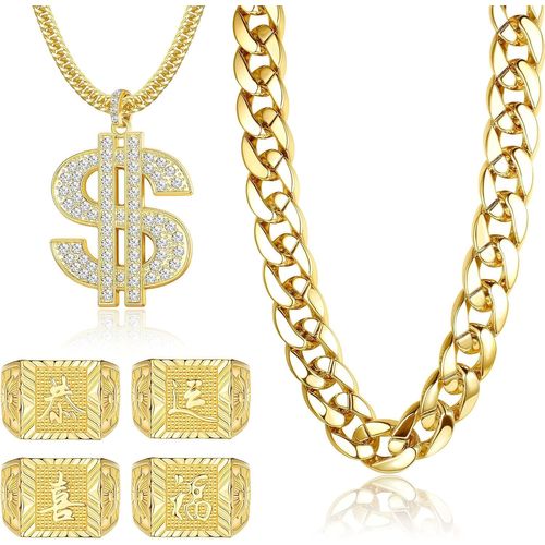 Hip Hop Chaîne Plaquée Or Colliers Et Bagues Pour Hommes Femmes Costume De Rappeur Grande Chaîne Épaisse Avec Signe Dollar Kanji Bénédiction Bagues Lucky 80s 90s De Fête Bijoux[L2211]