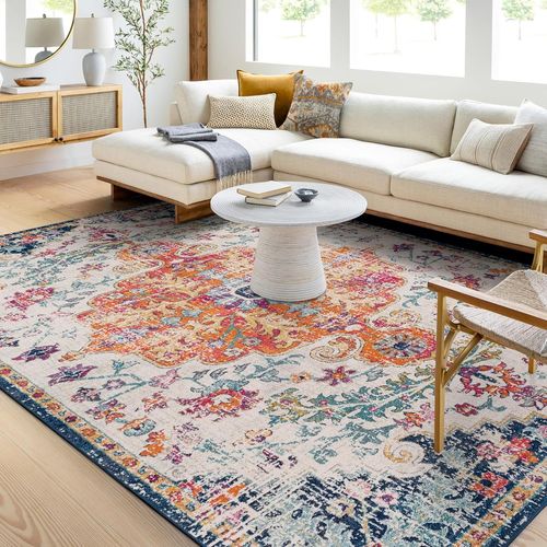 Asmara Tapis Vintage - Tapis De Salon, Salle À Manger, Chambre, Cuisine - Tapis Boheme Chic, Design Traditionnel Oriental Multicolore, Tapis Coloré Poil Court 200x274cm - Orange, Blanc, Bleu[Q168]