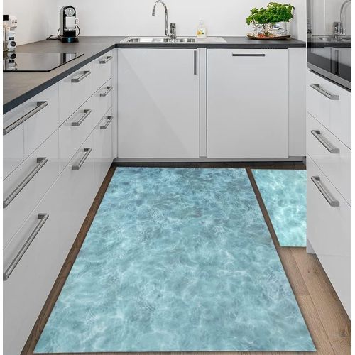 Tapis En Vinyle Pvc Au Design Numérique Bord De Mer Pour Salon, Cuisine, Salon, Entrée, Salle De Bain Ou Chambre Avec Envers Pvc Antidérapant Et Facile À Laver, Couleurs Bleu Turquo[Q1132]
