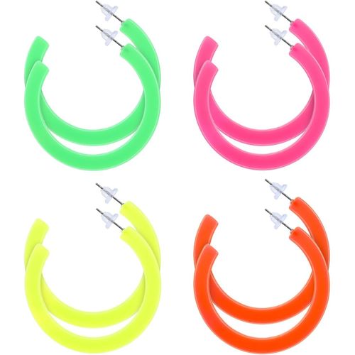 Lot De 4 Paires De Boucles D'oreilles Fluo Style Années 80 Et 90 Pour Femme - Accessoires De Tenue Fluo Rétro Pour Femme, Acrylique[L428]