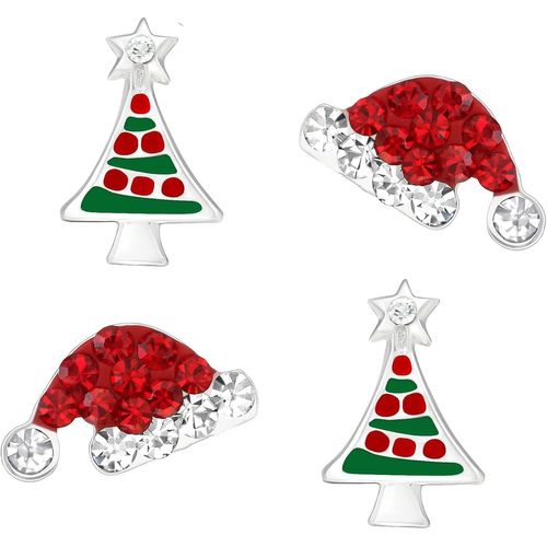 Lot De 2 Paires De Boucles D'oreilles En Argent Sterling 925 Avec Bonnet De Père Noël Et Sapin De Noël Dans Un Étui À Bijoux[L1134]