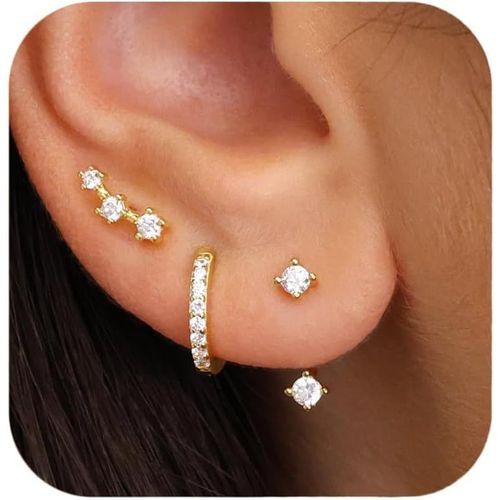 925 Argent Sterling Boucles D'oreilles Ensemble Pour Piercing Multiple Plaqué Or 14k Stud Huggie Petites Boucles Doreilles Pour Femmes Piles De Boucles D'oreilles Pour Oreilles Sensibles[L739]