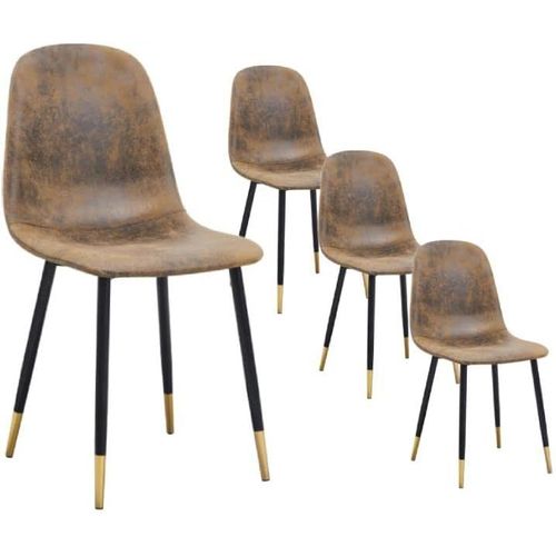 -Lot De 4 Chaises De Salle À Manger Scandinaves Imitation Daim Pour Salle À Manger, Pieds Noirs Et Dorés, Marron