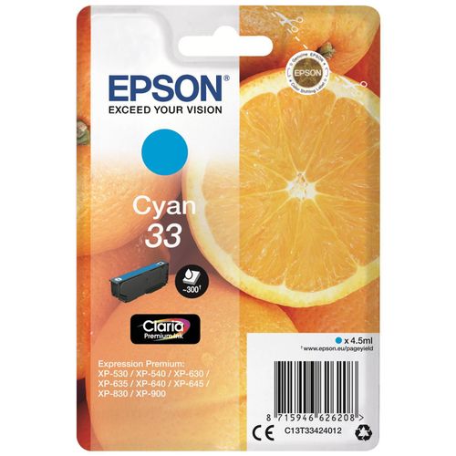Epson 33 - 4.5 ml - cyan - original - blister - cartouche d'encre - pour Expression Home XP-635, 830; Expression Premium XP-530, 540, 630, 635, 640, 645, 830, 900