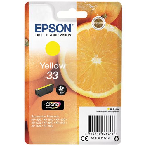 Epson 33 - 4.5 ml - jaune - original - blister - cartouche d'encre - pour Expression Home XP-635, 830; Expression Premium XP-530, 540, 630, 635, 640, 645, 830, 900