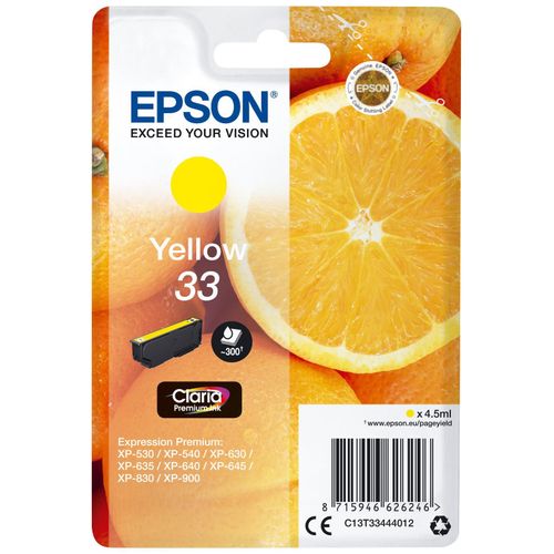 Epson 33 - 4.5 ml - jaune - original - emballage coque avec alarme radioélectrique/ acoustique - cartouche d'encre - pour Expression Home XP-635, 830; Expression Premium XP-530, 540, 630, 635...