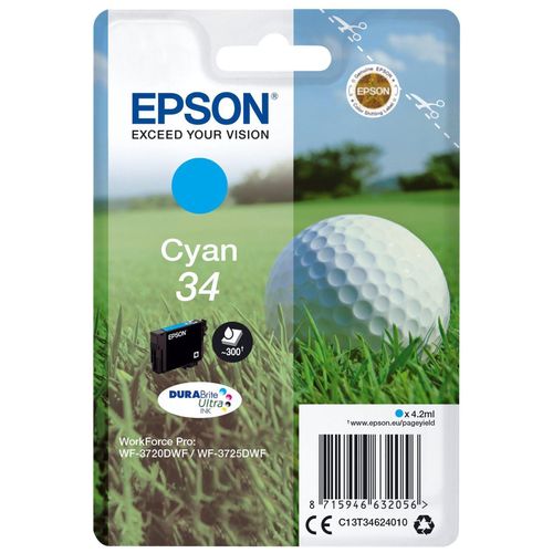 Epson 34 - 4.2 ml - cyan - original - emballage coque avec alarme radioélectrique/ acoustique - cartouche d'encre - pour WorkForce Pro WF-3720DWF, WF-3725DWF