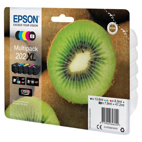 Epson 202XL Multipack - Pack de 5 - 47.2 ml - XL - noir, jaune, cyan, magenta, photo noire - original - emballage coque avec alarme radioélectrique/ acoustique - cartouche d'encre - pour...