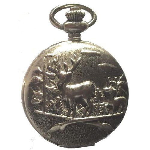Montre Gousset Clapet Motif Cerf Et Fusil De Chasse Métal Coloris Vieil Argent Dos Grenelé