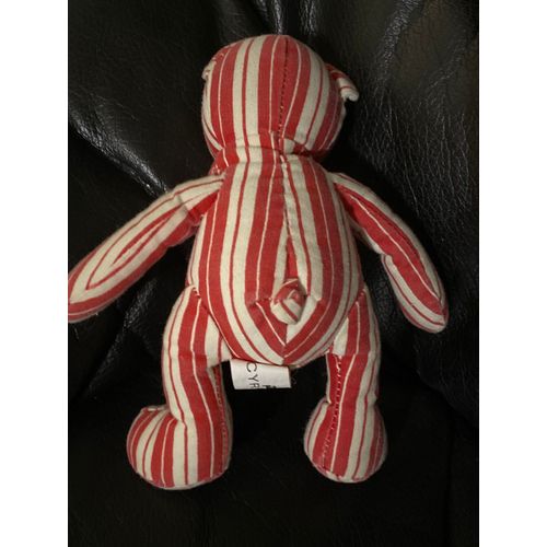 Peluche Doudou Ours Cyrillus Blanc Rouge Rayé 100% Coton 18 Cm 