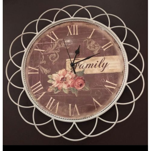 Superbe pendule murale Family horloge en fer forgé écru et décor roses Amadeus