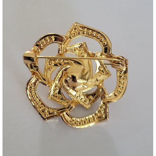 Broche Fleur Camelia Noire Doree Strass !