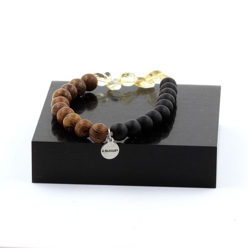 Bracelet Citrine Du Brésil + Perles Onyx Noir Mat + Bois 8 Mm. Fabriqué En France.