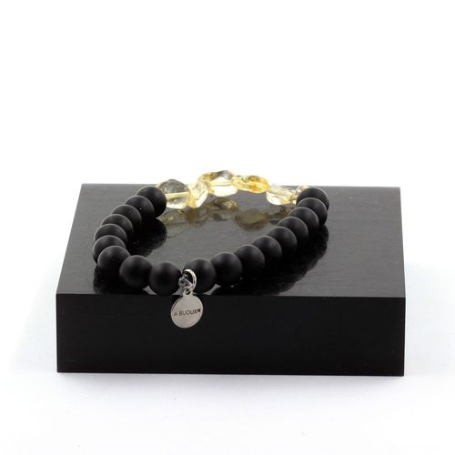 Bracelet Citrine Du Brésil + Perles Onyx Noir Mat 8 Mm. Fabriqué En France.