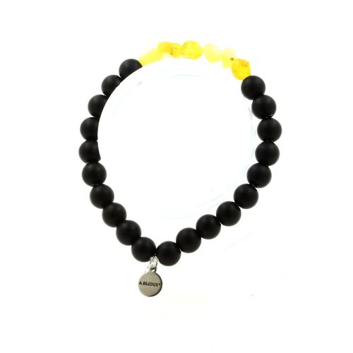 Bracelet Opale Jaune D'australie + Perles Onyx Noir Mat 8 Mm. Fabriqué En France.