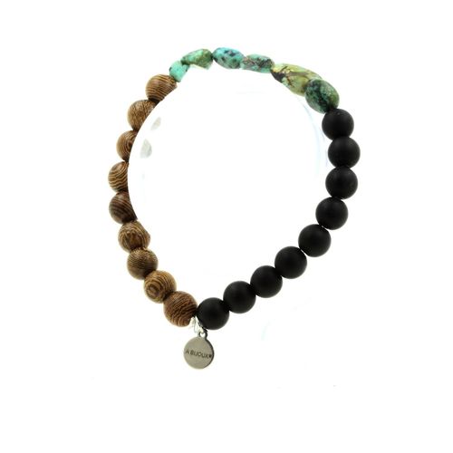 Bracelet Turquoise Africaine D'afrique + Perles Onyx Noir Mat + Bois 8 Fabriqué En France.