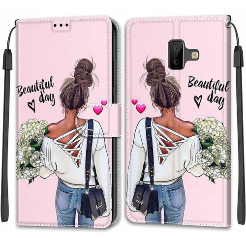 Etui À Rabat En Pu Cuir Pour Samsung Galaxy J6 Plus Flip Portefeuille Coque De Protection Avec Motif Charmant Pochette En Simili Cuir Etui A Rabat Coque Samsung Galaxy J6 Plus,Fille