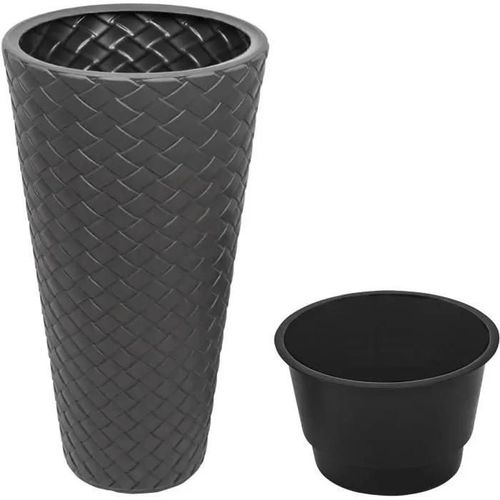 Pot Haut En Rotin Synthétique 23 Litres Couleur Anthracite 30 X 55 Cm Avec Plateau De Plantation