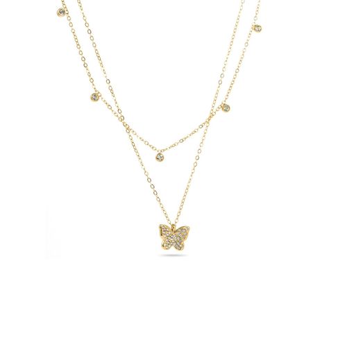 Collier Double Rang Chaîne Papillon Et Strass
