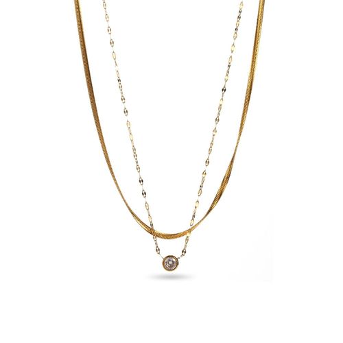Collier Double Rang Chaîne Et Strass Solitaire