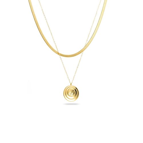 Collier Double Rang Chaîne Pendentif Rond Relief