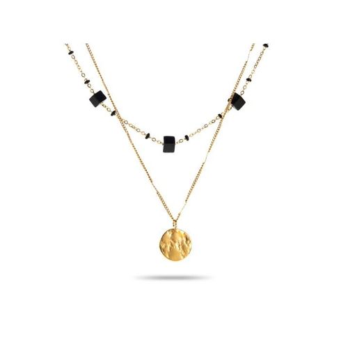 Collier Double Rang Perles Cube Et Pendentif