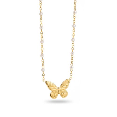 Collier Pendentif Papillon Et Perles Blanches