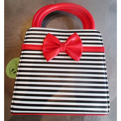 Sac A Main Rayé Noir Et Blanc Noeud Papillon Rouge Ancre Doré Rockabilly Pin Up Rétro Femme