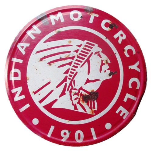 Plaque Indian Motorcycle 1901 Rouge Ronde 30cm Tole Aspect Rouillé