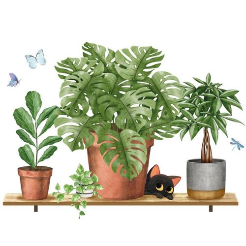 Autocollant mural plantes et chaton sur étagère