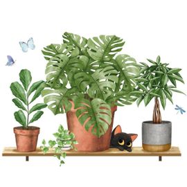 Autocollant mural plantes et chaton sur étagère