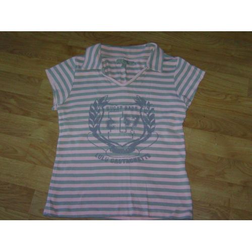 Polo Lulu Castagnette Rayé Rose Et Kaki 14 Ans Tbe