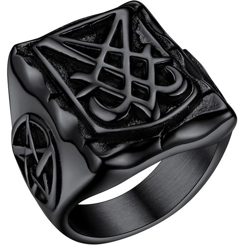 Chevalière Satanique Homme Personnalisable,Bague Sigil De Lucifer/Croix De Léviathan,Acier Inoxydable/Or/Noir,Taille 54-72,Bijoux Gothique Satan Biker (Boîte Cadeau)[X1678]
