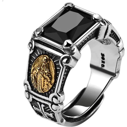 Anneaux, Real 925 Bague De Pierre Noire En Argent Sterling, Homme Vierge Marie Zircone En Zircone En Onyx[X1957]