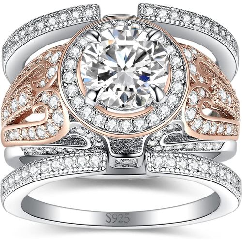 Classic Infini 3 Couleurs Bague Taille Ovale Cubic Zirconia Argent 925 Femme, Or Rose 14k Halo C?Ur Couronne Bague 3 Anneaux Fiançailles Mariage Prom Alliance, Ensemble Bijoux Mariee[X255]