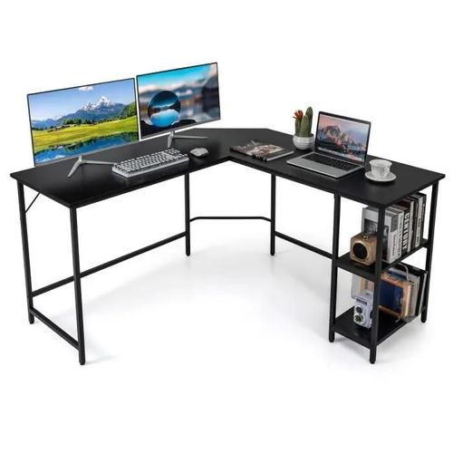 Costway Bureau D'angle Informatique En Forme L 138 Cm, Industriel Avec Structure En Acier Au Carbone, Étagère À 2 Niveaux, Noir