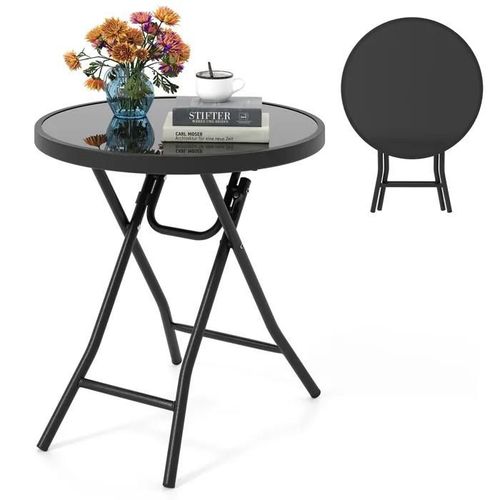 Costway Table Pliante De Jardin 46 Cm, Plateau En Verre Trempé, Table Ronde Pour Intérieur Extérieur, Pour Cour Porche Salon, Noir