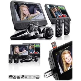Lecteur DVD portable TFT 16:9 LENCO Ecrans 2 x 9 POUCES USB-SD DVD-R/RW, DVD+R, CD + 2 Casques + Télécommande + 2 SUPPORTS