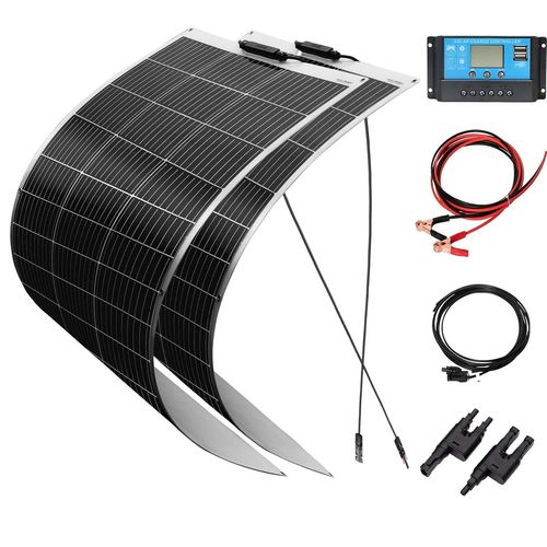 200W 12v Système solaire kit 2pcs 100w Panneau Solaire flexible Monocristallin Module 20A USB Contrôleur Câble pour bateau RV camping car voiture (200W Kit de panneaux solaires).[G143]