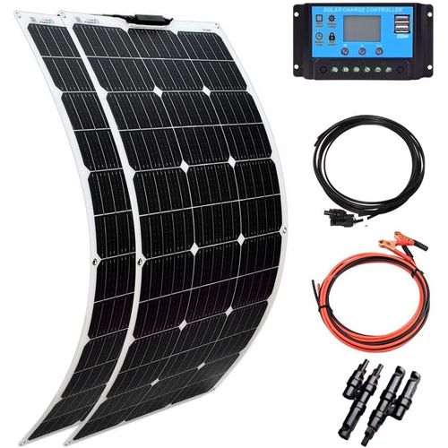 200w Kit Solaire 2pcs 100W Panneau Solaire flexibles Mono PERC Module 20A Contrôleur solaire pour bateau, voiture, caravane, cabanon, charge de batterie 12v (200).[G163]