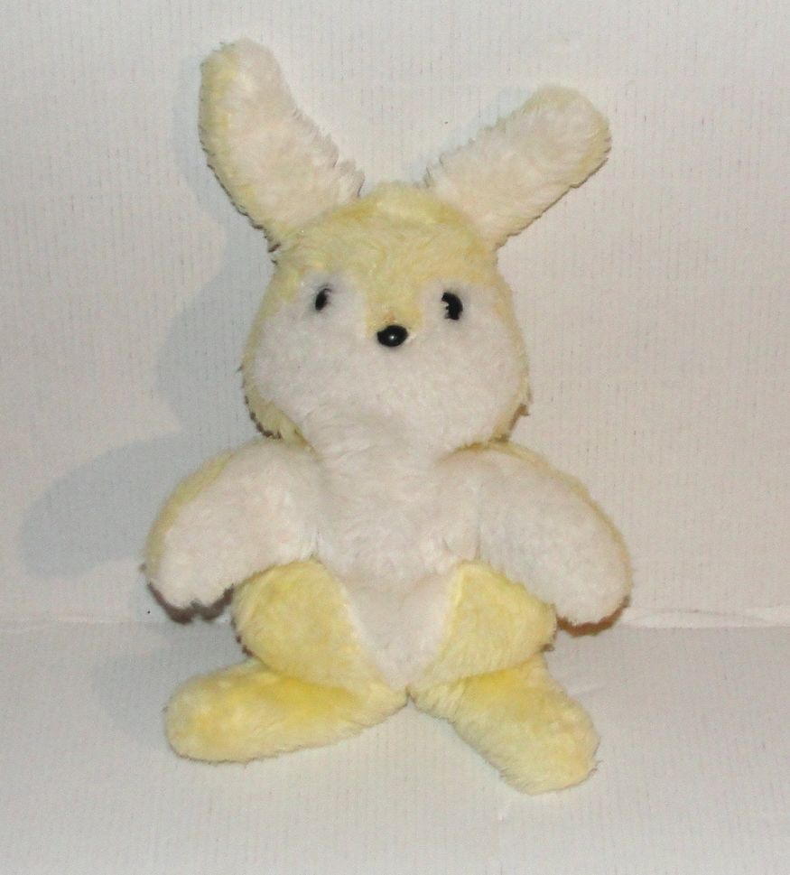 Peluche Lapin Jaune Blanc Boulgom - Doudou Lapin Etiquette Noir Vintage 25 Cm