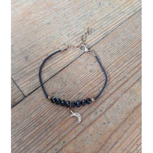 Bracelet Fin Perles Noires Et Breloque Lune Dorée
