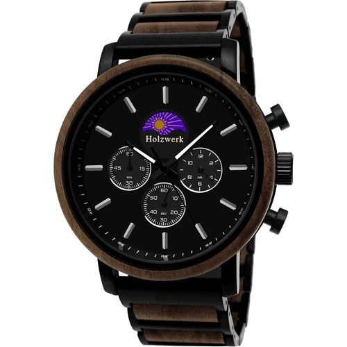 Holzwerk Germany Montre De Designer Pour Homme Fabriquée À La Main - En Bois Naturel - Chronographe - Montre À Quartz Analogique - Marron, Noir, Bleu, Argent - Avec Phase De Lune, Noir..,[L3130]