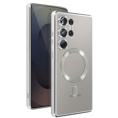 Coque Magsafe Pour Samsung Galaxy S25 Ultra Silicone Contour Chromé Argent