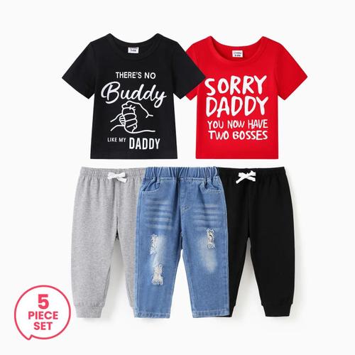 Ensemble 5 Pièces De T-Shirt Imprimé Lettre Pour Bébé Garçon Et Jeans Déchirés Et Pantalons De Survêtement